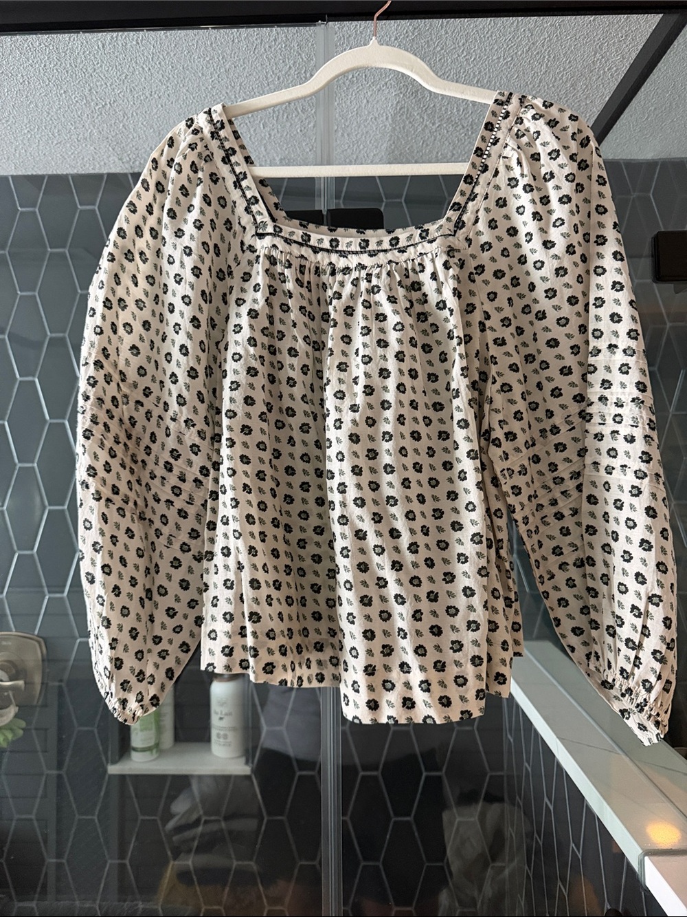 Madewell Cream Square-Neck Puff Sleeve Blouse with Black Floral Motif